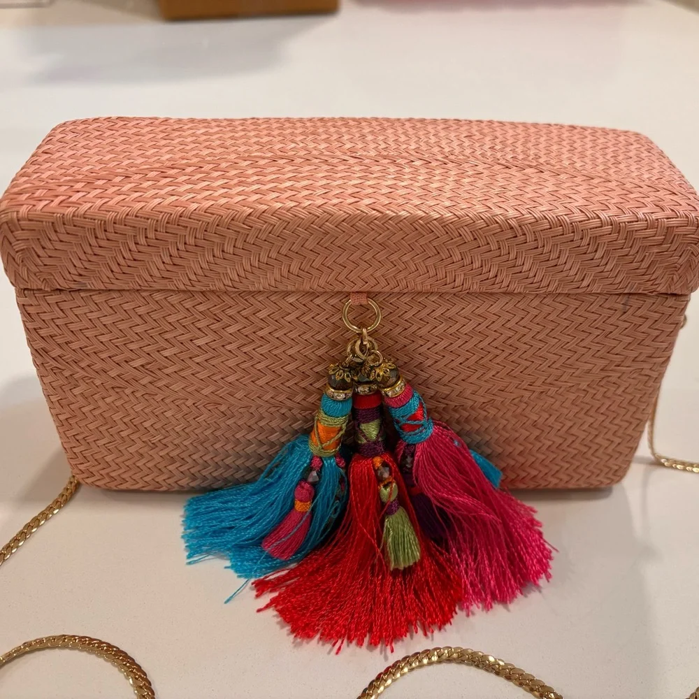 Elegant Coral Woven Clutch with Colorful Tassels - Picture 2 of 6